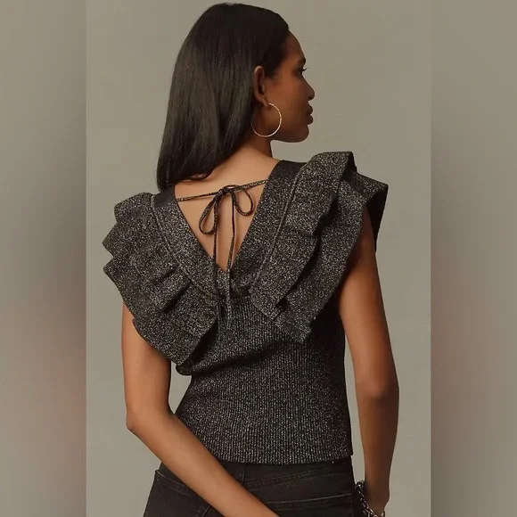 NWT Anthropologie Black Ruffle sleeveless sweater top - Picture 1 of 9